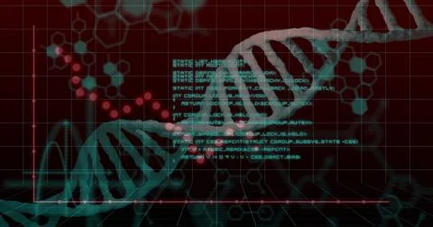 Displaying stylized teal DNA double helix curving across virtual lab dashboard, 库存照片
