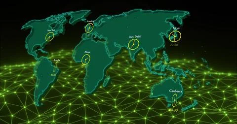 Displaying stylized teal world map hovering above virtual grid, showing glowing Stockillustratie
