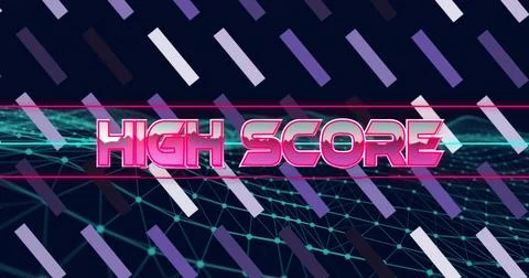 Displaying stylized text HIGH SCORE glowing over neon grid in retro space, with Stock Illustration