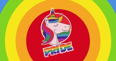 Displaying stylized unicorn head facing right on red disc, showing PRIDE Stock Illustration