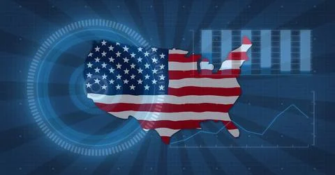 Displaying stylized USA map with flag overlay on blue grid, with HUD graphic and Ilustración de archivo