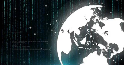 Displaying stylized white globe glowing on right side of cyber backdrop, with Stock Illustration