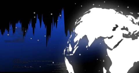 Displaying stylized white globe rotating right in virtual space, with waveform Illustrazione stock