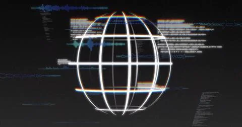 Displaying stylized wireframe globe rotating in virtual HUD, with chromatic イラスト素材