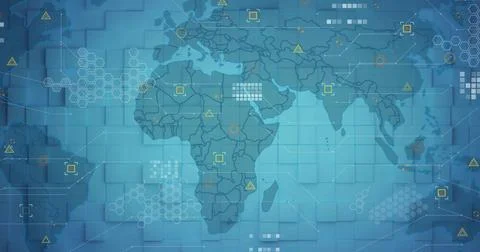 Displaying stylized world map across data dashboard with tile backdrop, hex Illustrazione stock
