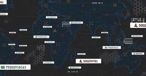 Displaying stylized world map anchoring dashboard grid, with numeric ID callouts Illustrazione stock