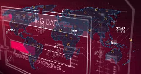 Displaying stylized world map and translucent panels in digital UI, with nodes, Illustrazione stock