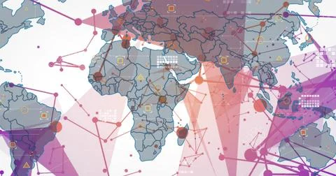 Displaying stylized world map and data overlay on flat canvas, showing colored Stock Photos