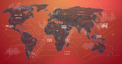 Displaying stylized world map animating on digital dashboard, showing data 스톡 일러스트