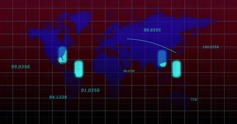 Displaying stylized world map centered on dashboard with cyan pill markers, g Stock Illustration