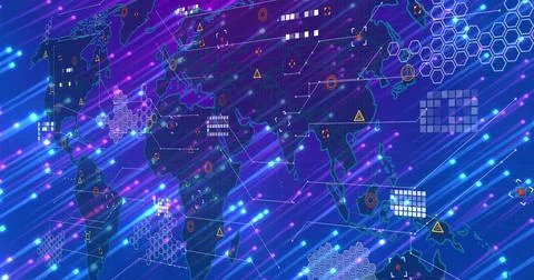 Displaying stylized world map centering on deep blue purple gradient, with he Stock Illustration