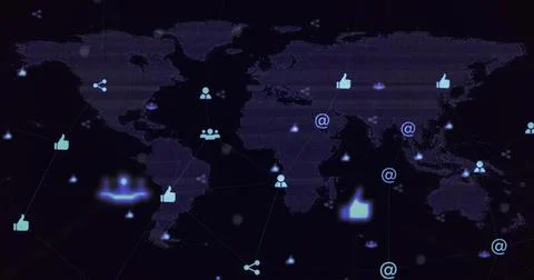 Displaying stylized world map connecting continents on holographic dashboard, Stock Illustration