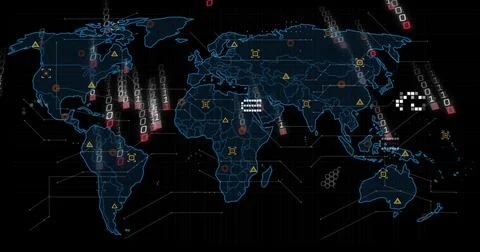 Displaying stylized world map on control HUD, showing yellow warnings, red 库存插图