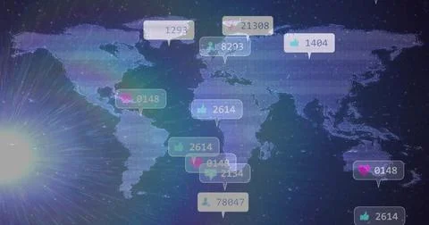Displaying stylized world map in cosmic scene, with speech bubbles showing icons 스톡 일러스트