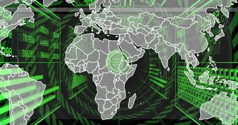 Displaying stylized world map in cyber data tunnel, showing Africa target rings Stock Illustration