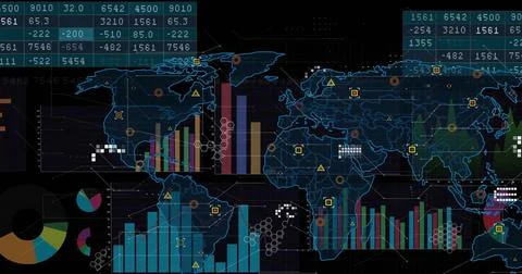 Displaying stylized world map on dark dashboard, showing multi-colored bars,  Illustrazione stock