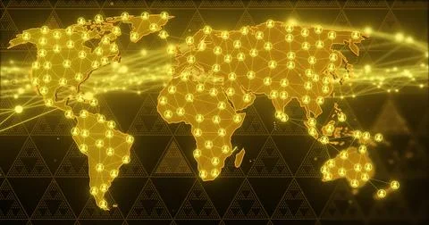 Displaying stylized world map on dark triangular pattern backdrop, glowing nodes Stock Illustration