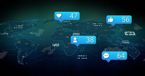 Displaying stylized world map on dark digital dashboard, with glowing social Stock Photos