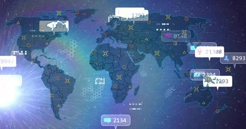 Displaying stylized world map on dashboard, showing bubble counters, user icons, Stock Illustration