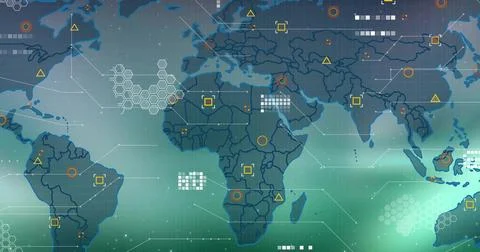 Displaying stylized world map on dashboard, showing continents, node markers, 스톡 일러스트