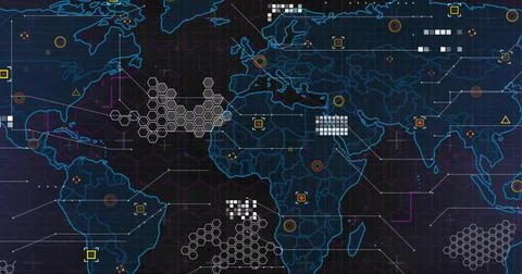 Displaying stylized world map on dashboard, showing hex clusters, connecting 스톡 일러스트