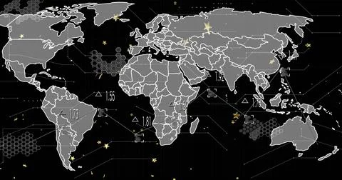 Displaying stylized world map on data display, showing hexagon clusters, numeric Stock Illustration