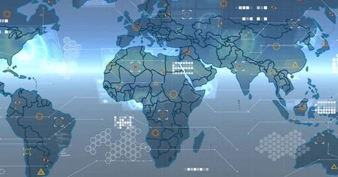 Displaying stylized world map on data dashboard, showing hex clusters, data Illustrazione stock