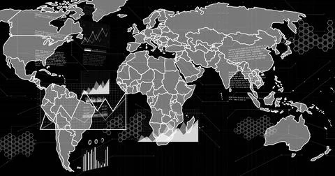 Displaying stylized world map with data overlays on dark analytics dashboard, Stock Illustration