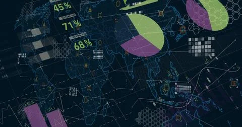 Displaying stylized world map data dashboard, featuring two-color pie charts and Stock Photos