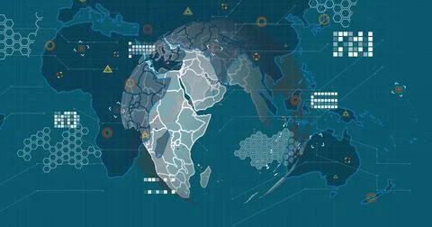 Displaying stylized world map on digital dashboard, with hexagon clusters and Illustrazione stock