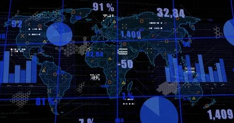 Displaying stylized world map on digital dashboard, highlighting pie charts, Illustrazione stock