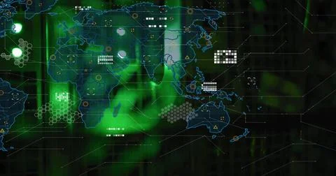 Displaying stylized world map on digital dashboard, with blue outlines, green Stock Photos