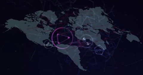 Displaying stylized world map on digital dashboard centered on Americas, purple Stock Photos