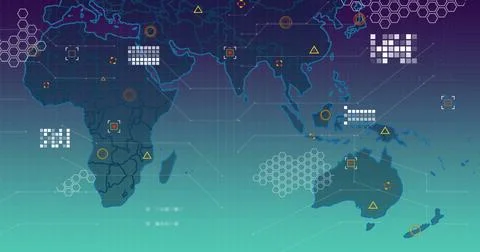 Displaying stylized world map on eastern hemisphere dashboard, showing neon Stock Photos