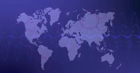 Displaying stylized world map with faint concentric circles and blue wave Stock Illustration