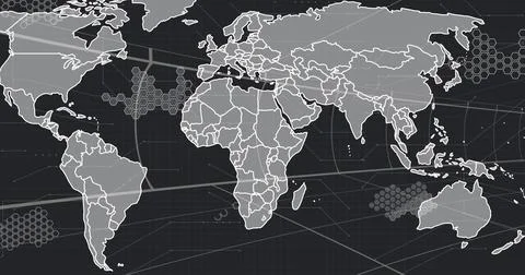 Displaying stylized world map filling frame on dashboard, with hexagonal Ilustración de archivo