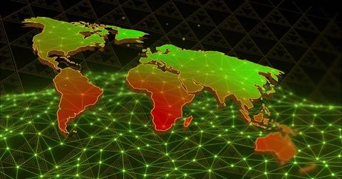 Displaying stylized world map floating over 3D mesh, with glowing nodes and Illustrazione stock