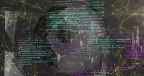 Displaying stylized world map floating in dark space with glowing network nodes Stock-Fotos