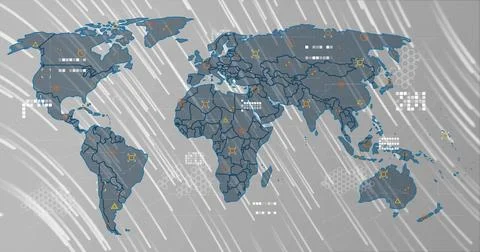 Displaying stylized world map graphic on digital interface, with geometric icons Stock Illustration