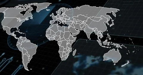 Displaying stylized world map graphic occupying center on digital dashboard, Stock Illustration