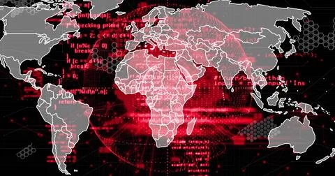Displaying stylized world map graphic at virtual network interface, with red  Stock Photos