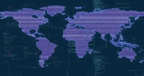 Displaying stylized world map graphic spanning digital dashboard, with glowing Foto stock