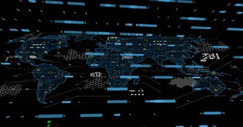 Displaying stylized world map on grid lines console, with blue HUD streaks and Stock Illustration
