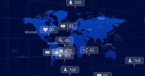 Displaying stylized world map with grid showing global metrics on dashboard, Stock Photos