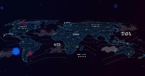 Displaying stylized world map with hex grid, glowing nodes, warning icons on Illustrazione stock