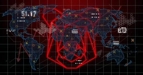 Displaying stylized world map highlighting neon arcs on dark red grid interface, Illustrazione stock