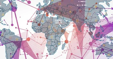 Displaying stylized world map highlighting network nodes and polygon overlays on Foto stock