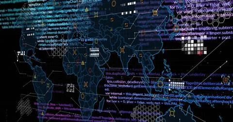 Displaying stylized world map highlighting node clusters on dashboard with code 스톡 사진