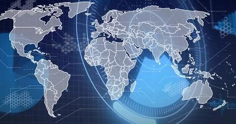 Displaying stylized world map with HUD rings on tech dashboard, hexagons, Stock Illustration