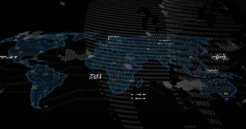 Displaying stylized world map on HUD, showing hex tiles, binary, connection Stockillustratie